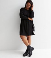 New Look Curves Black Crinkle Long Sleeve Mini Smock Dress